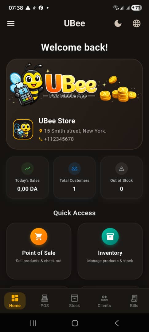 UBee home dashboard showing today’s sales, total customers, out-of-stock count and quick access tiles