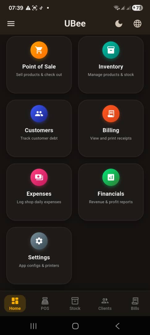 UBee quick access grid with Point of Sale, Inventory, Customers, Billing, Expenses, Financials and Settings