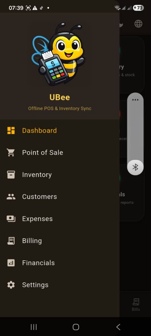 UBee side navigation menu listing Dashboard, Point of Sale, Inventory, Customers, Expenses, Billing, Financials and Settings