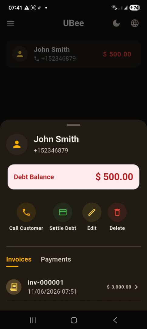 UBee customer detail sheet with debt balance, call, settle debt, edit and delete actions, and invoice history