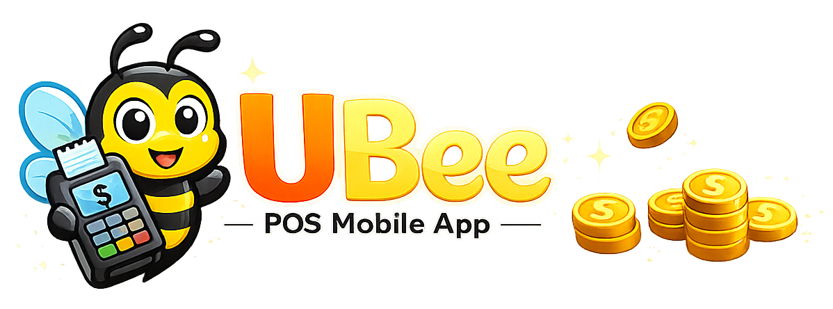 UBee POS Mobile App banner with the UBee bee mascot holding a card terminal